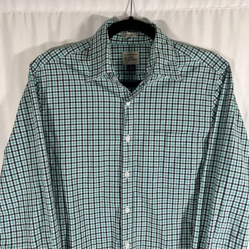 J. Crew Dress Shirt Men's Small Green Plaid 100% Cotton Shirting Slim Fit Long S